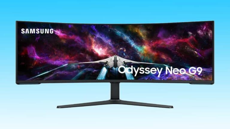 $700 off Samsung Odyssey Neo G9 curved gaming monitor displaying a vibrant cosmic space scene.