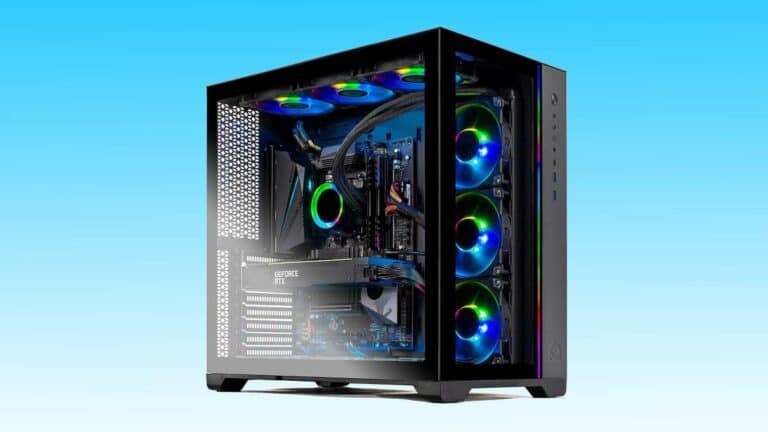 A high-performance gaming PC with a transparent case, showcasing colorful LED fans, a liquid cooling system, and an RTX 3090 graphics card, set against a blue background.
