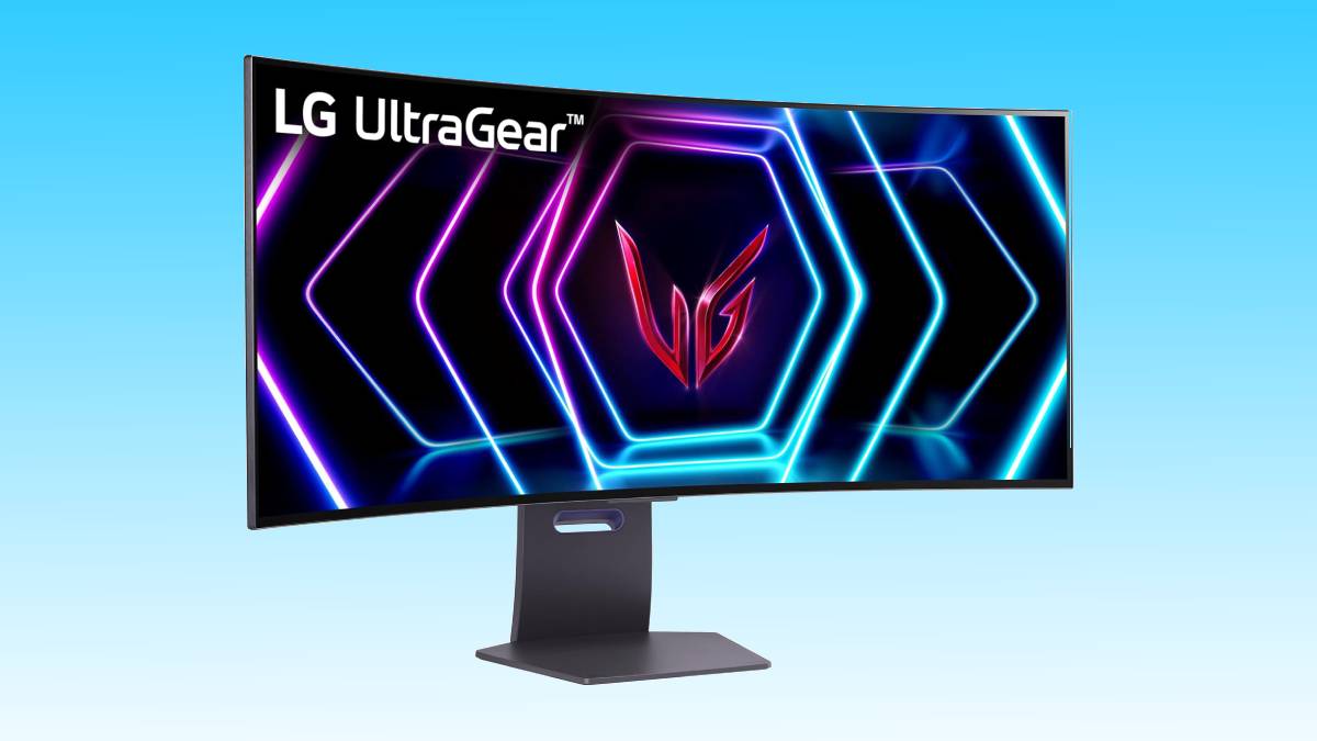 Curved gaming monitor displaying a neon-lit graphic with a red logo, mounted on a black stand with "LG OLED Ultragear" branding.