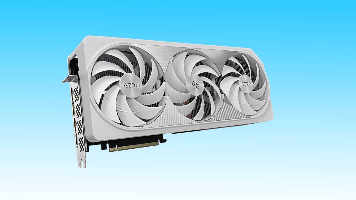 White dual-fan graphics card on a vibrant blue background.