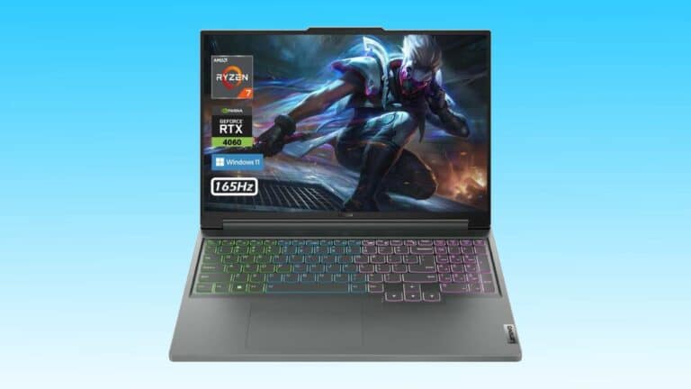 A gaming laptop with a colorful backlit keyboard and a vibrant screen displaying a dynamic action character graphic, optimized for SEO.