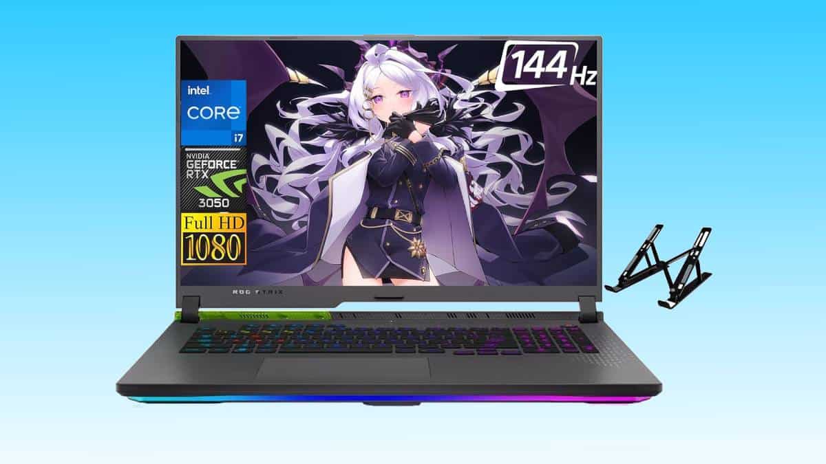Gaming laptop with colorful keyboard backlight, open on a stand, displaying an animated female character on the screen, enhanced for SEO optimization.