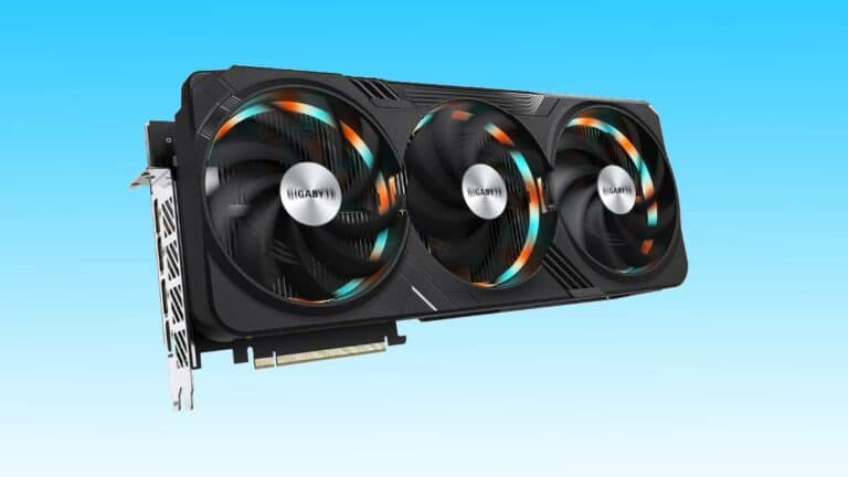 Graphic card with three fans and a "Gigabyte GPU" logo displayed, set against a soft blue gradient background.