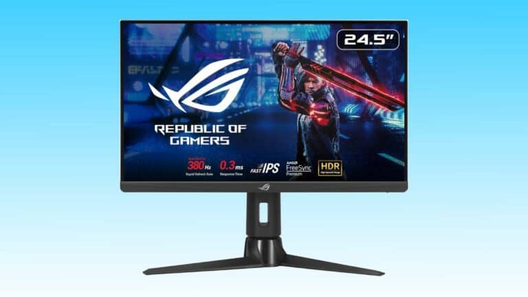 A 24.5-inch asus republic of gamers monitor displaying an Auto Draft gaming-themed image, featuring fps and hdr technologies.