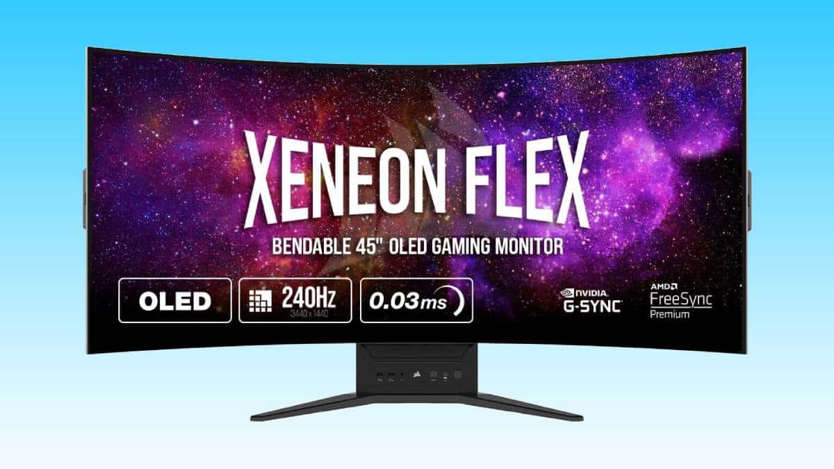 Curved gaming monitor displaying the text "xeneon flex" with space-themed background and auto draft technology specification icons.