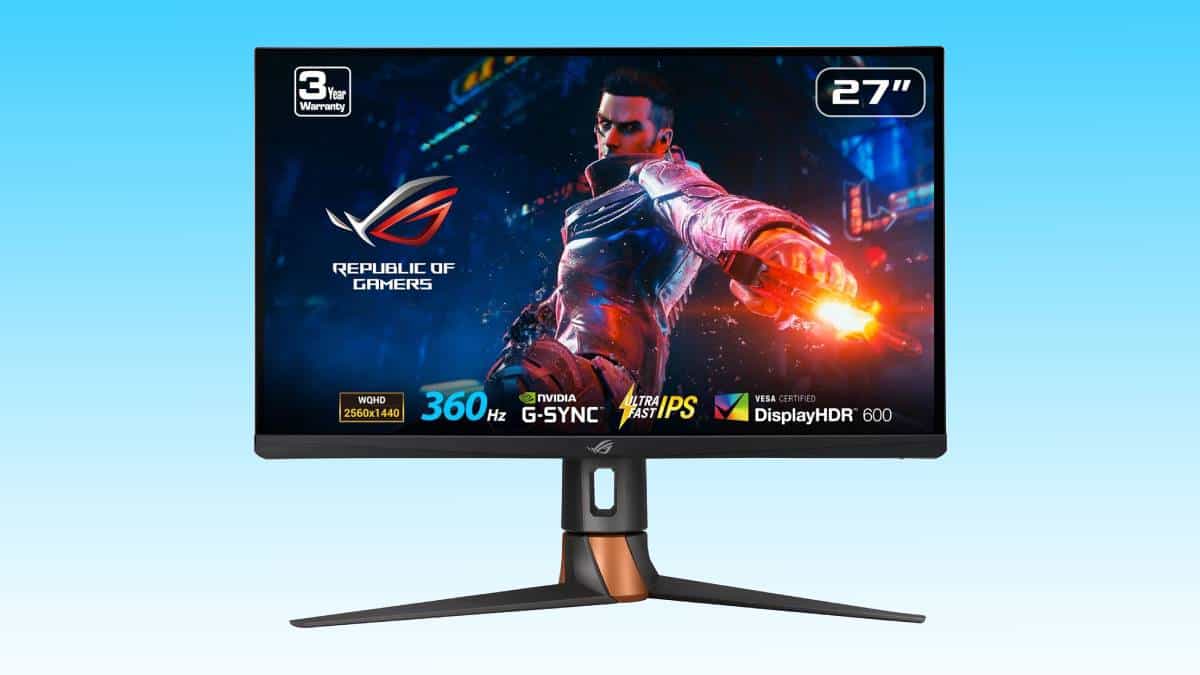 A 27-inch Asus gaming monitor displaying a vibrant, action-packed Auto Draft from a video game featuring a futuristic character engaging in combat.
