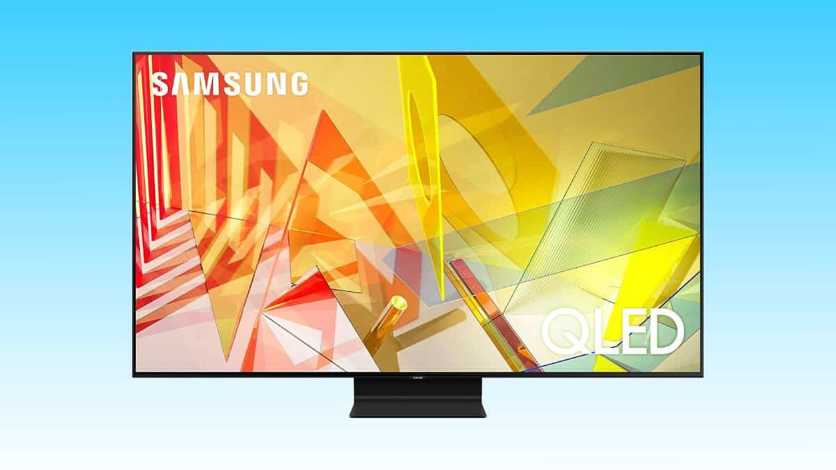 Samsung qled tv displaying vibrant abstract graphics.