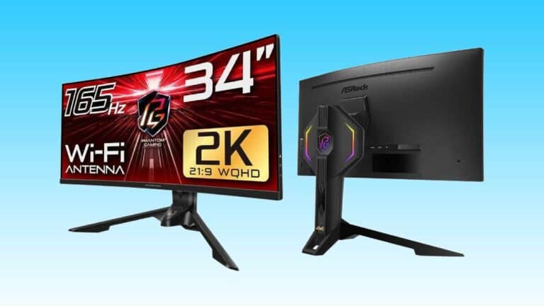 Two gaming monitors displaying their features such as "165hz," "34"," "2k," and "wi-fi antenna," viewed from front and back angles on a blue background.