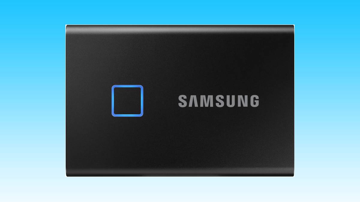 A samsung portable ssd with the logo lit in blue on a gradient blue background.