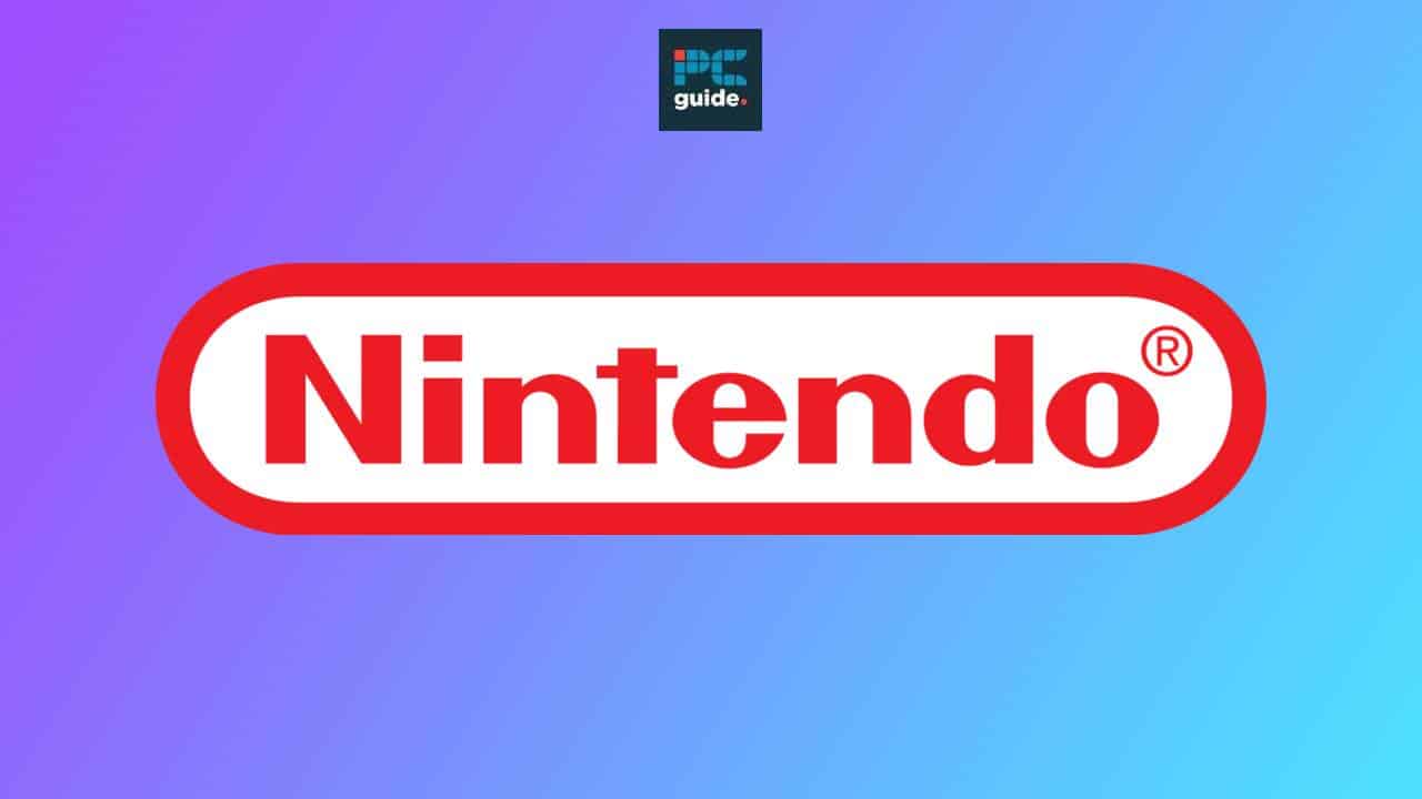 Nintendo logo with registered trademark symbol on a red oval background, superimposed on a blue and purple gradient with a "Discord" icon in the corner.