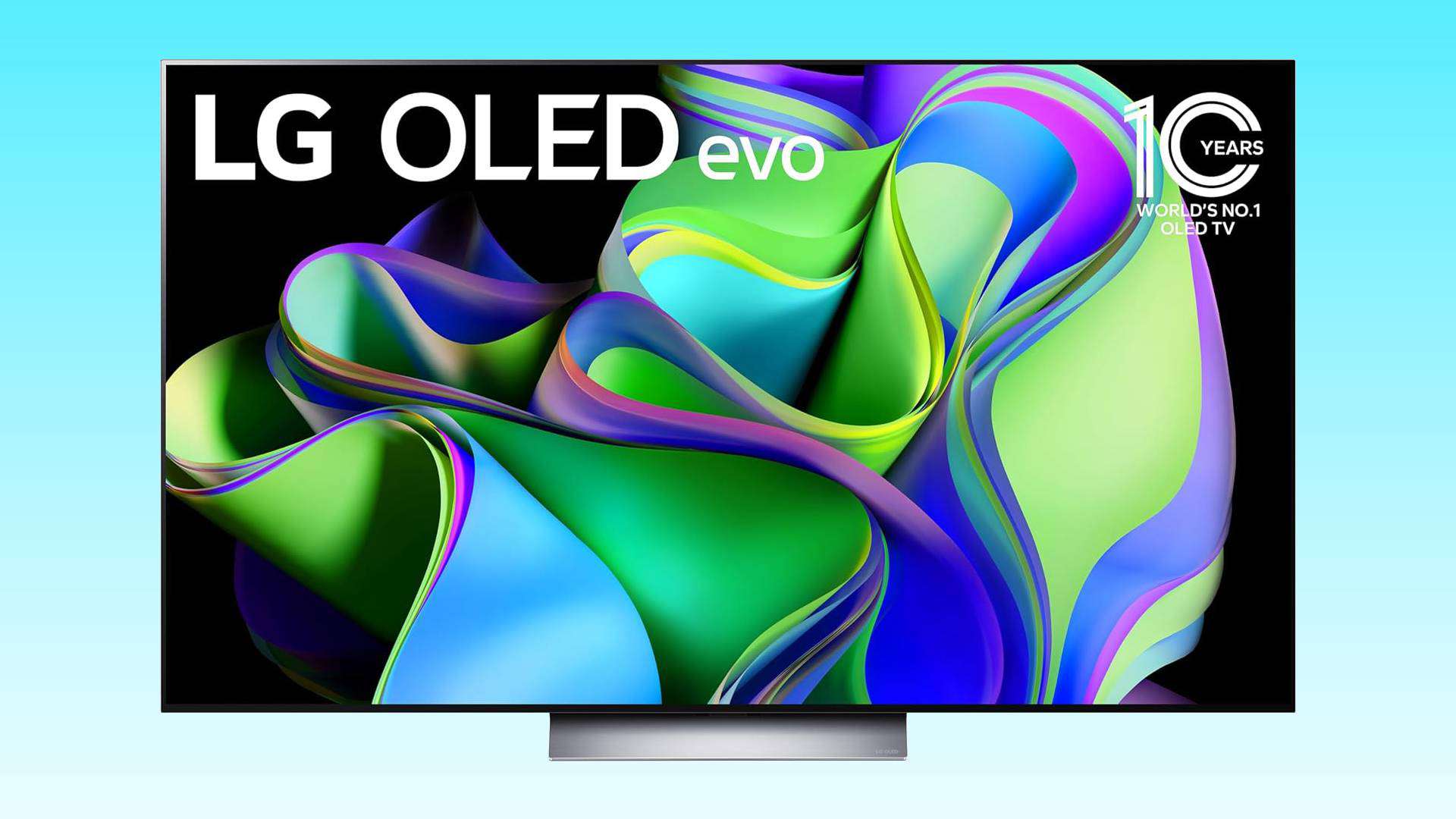 LG C3 OLED TV displaying vibrant, abstract multicolored swirls on its screen, with text boasting "10 years world's no 1 OLED TV.