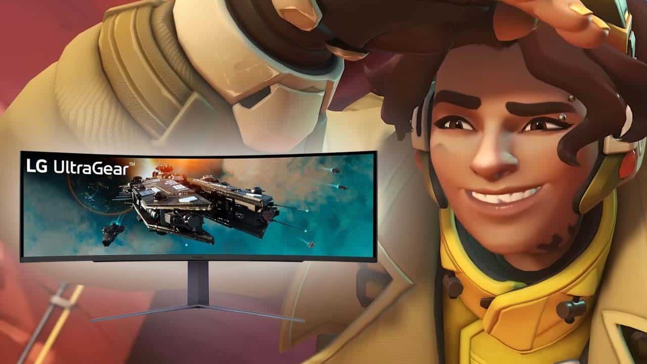 A smiling animated female character looking at an LG Ultragear ultrawide monitor displaying a spaceship video game graphic.