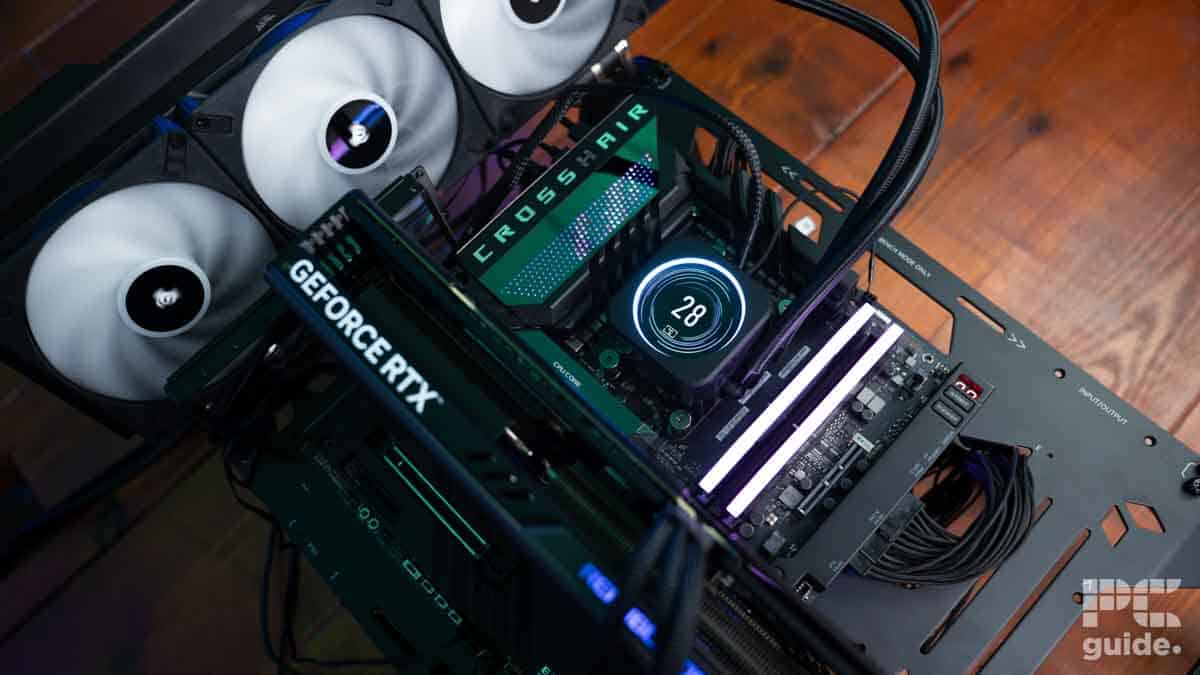 Top-down view of our open CPU testing rig with Corsair cooling and a Geforce RTX graphics card ©BGFG