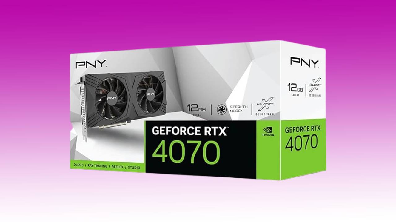 A PNY GeForce RTX 4070 graphics card box on a pink and purple gradient background.