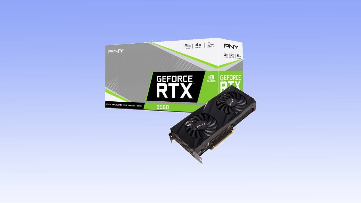 An Nvidia GeForce RTX 3060 GPU deal next to its retail box.