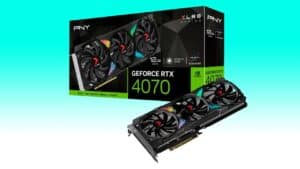 Pny geforce rtx 4070 GPU deal and its packaging, featuring triple fans and black design, displayed against a teal background.