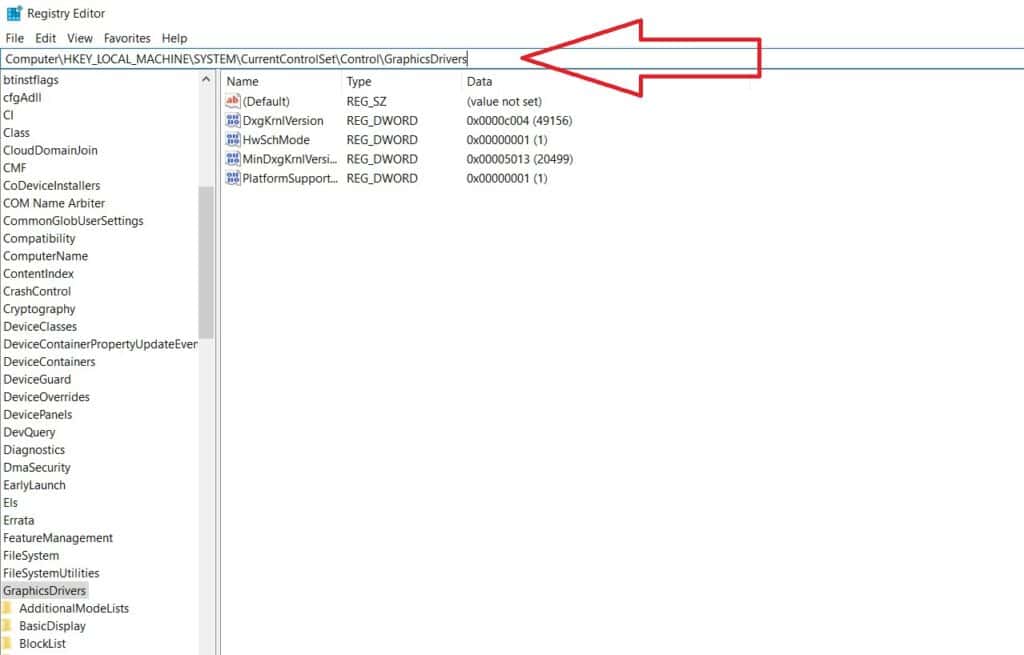 Screenshot of a registry editor window on a computer screen, displaying steps on how to enable Hardware Accelerated GPU Scheduling, with an open folder path and a red arrow pointing to a highlighted registry key.