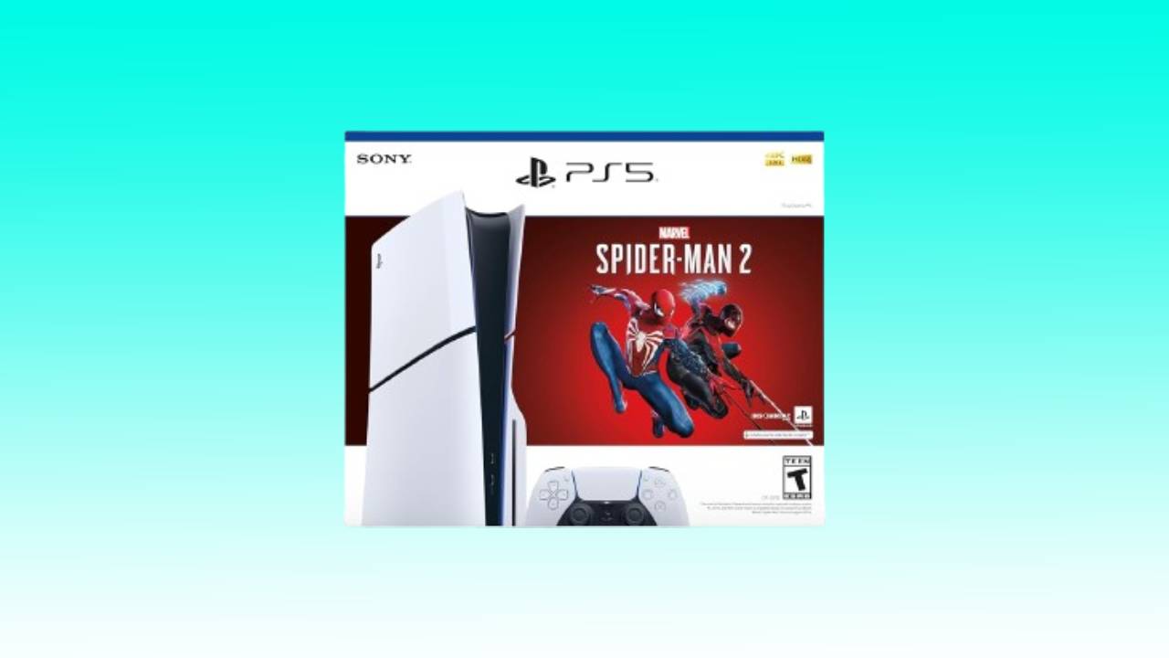 Playstation 5 game box featuring "Marvel's Spider-Man 2" against a blue background.