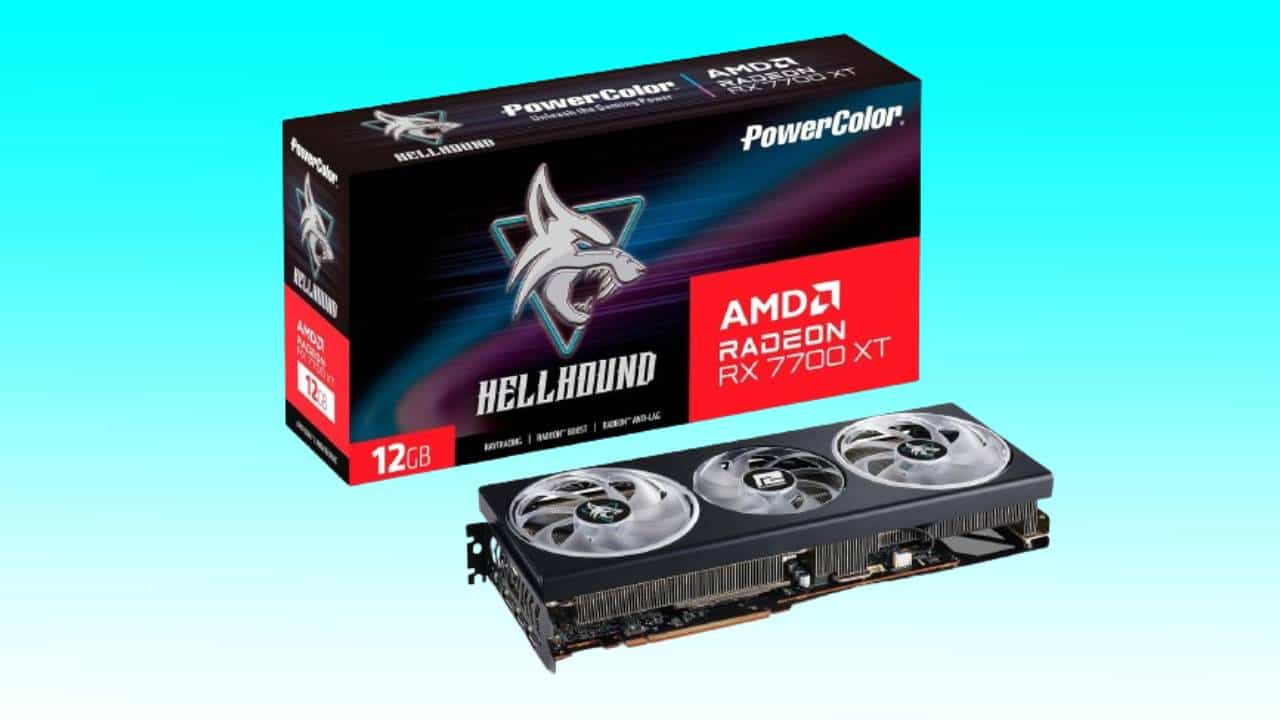 PowerColor AMD RX 7700XT graphics card with packaging, available on Amazon.