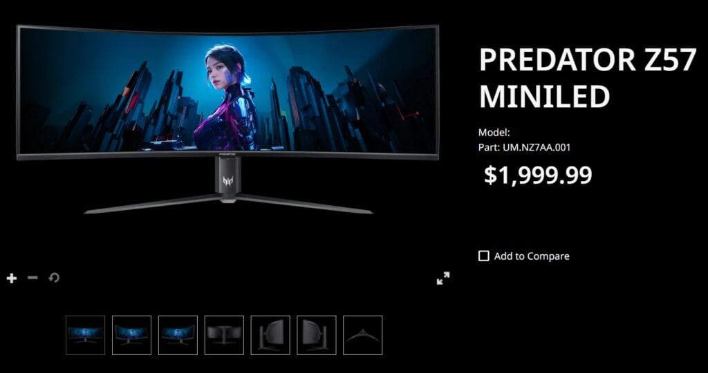 Image of a curved Samsung Neo G9 monitor displaying a futuristic female character, surrounded by high tech structures; priced at $1,999.99 with shopping options visible.