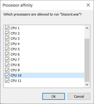 Dialog box labeled "processor affinity" with a list of checkboxes for CPUs 1-11, allowing selection of processors to reduce Discord CPU usage. Buttons labeled "ok" and "cancel" are visible