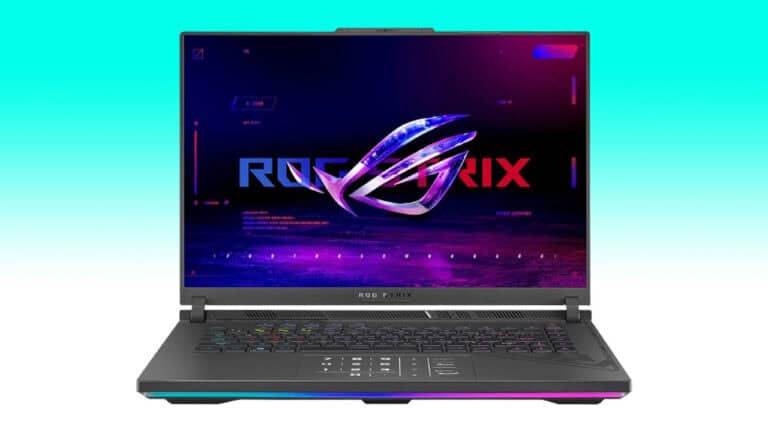 A gaming laptop with an open lid displaying the "ASUS ROG Strix G16" logo on its screen, set against a neon-lit background, with a blue to pink gradient backdrop.