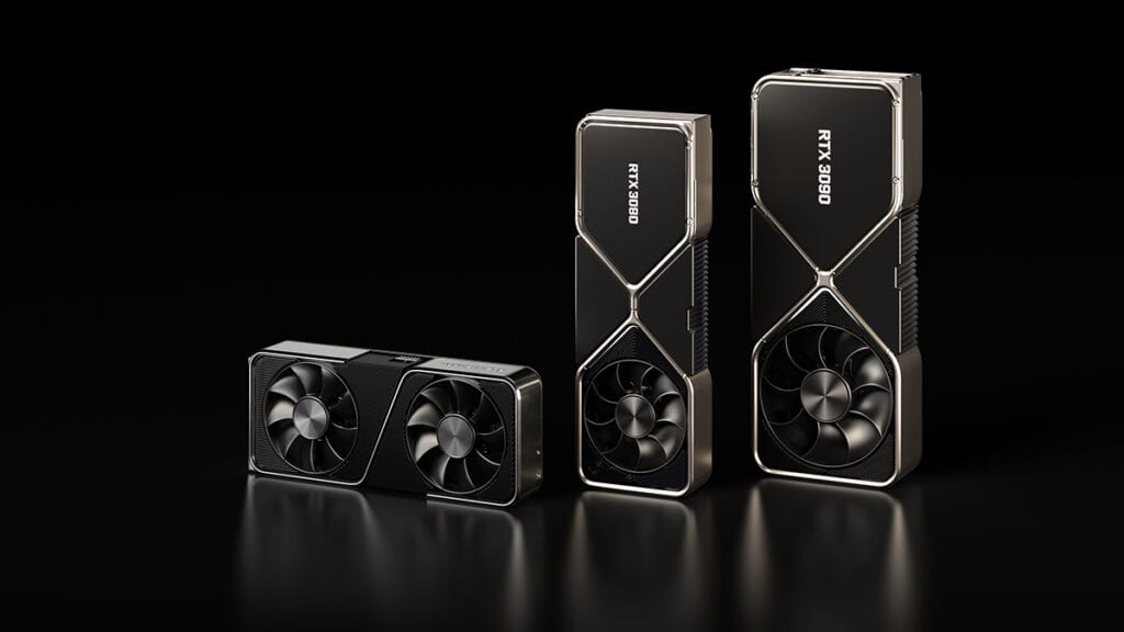 Three Nvidia GeForce RTX 4090 GPUs showcased against a dark background, highlighting their advanced cooling fan design and sleek, metallic finish, perfect for PC gamers upgrading GPUs.