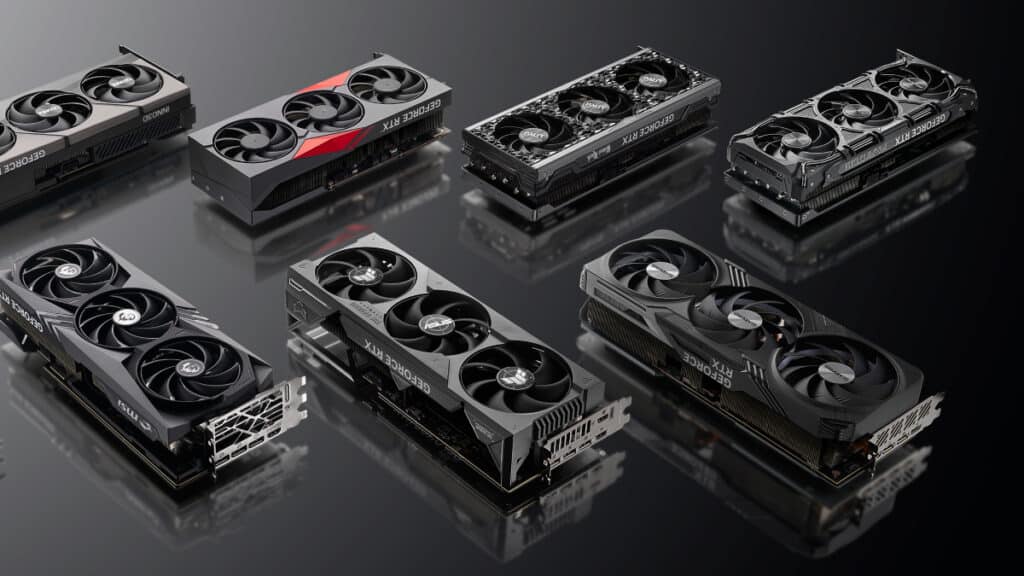 Various models of high-performance GPU upgrades displayed on a reflective surface.