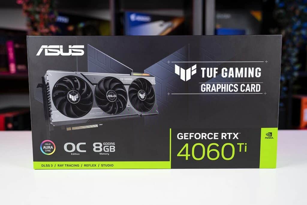 Asus TUF Gaming GeForce Best RTX 4060 Ti graphics card box on a desk.