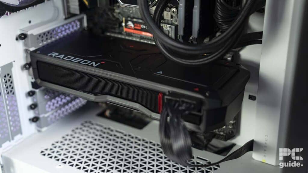 Close-up of an AMD Radeon RX 7800 XT graphics card installed in a computer case.