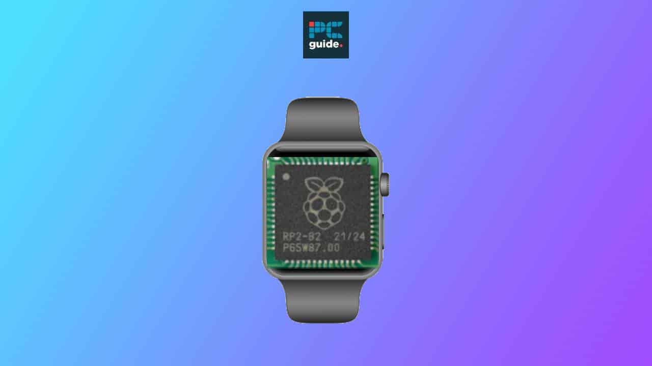 A Raspberry Pi wristwatch displaying a circuit board design with the Raspberry Pi logo on a blue and purple gradient background.