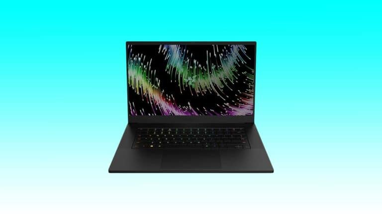 Gaming laptop with a colorful abstract light display on the screen, isolated against a blue and teal gradient background.