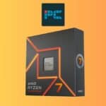 AMD Ryzen 7 7700X processor box displayed against a gradient orange background.