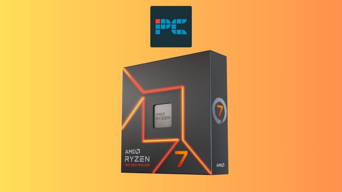 AMD Ryzen 7 7700X processor box displayed against a gradient orange background.