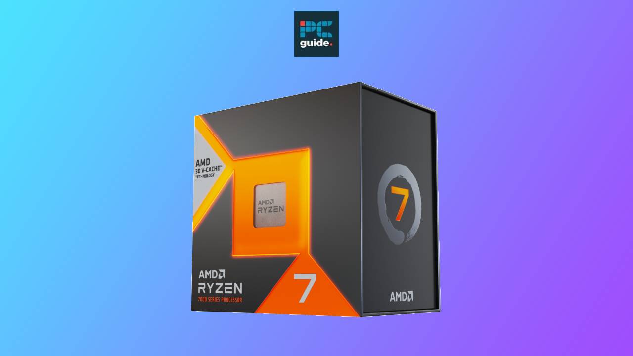 Product packaging for an AMD Ryzen 7 7800X3D processor deal against a blue background.