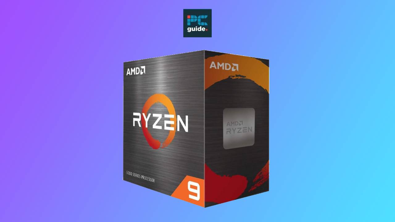 An AMD Ryzen 9 5900X deal processor box against a blue and purple gradient background.