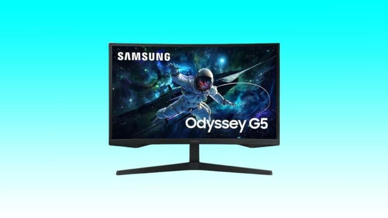 Samsung Odyssey G55C curved gaming monitor displaying an astronaut in space, set against a cosmic background on a turquoise backdrop.