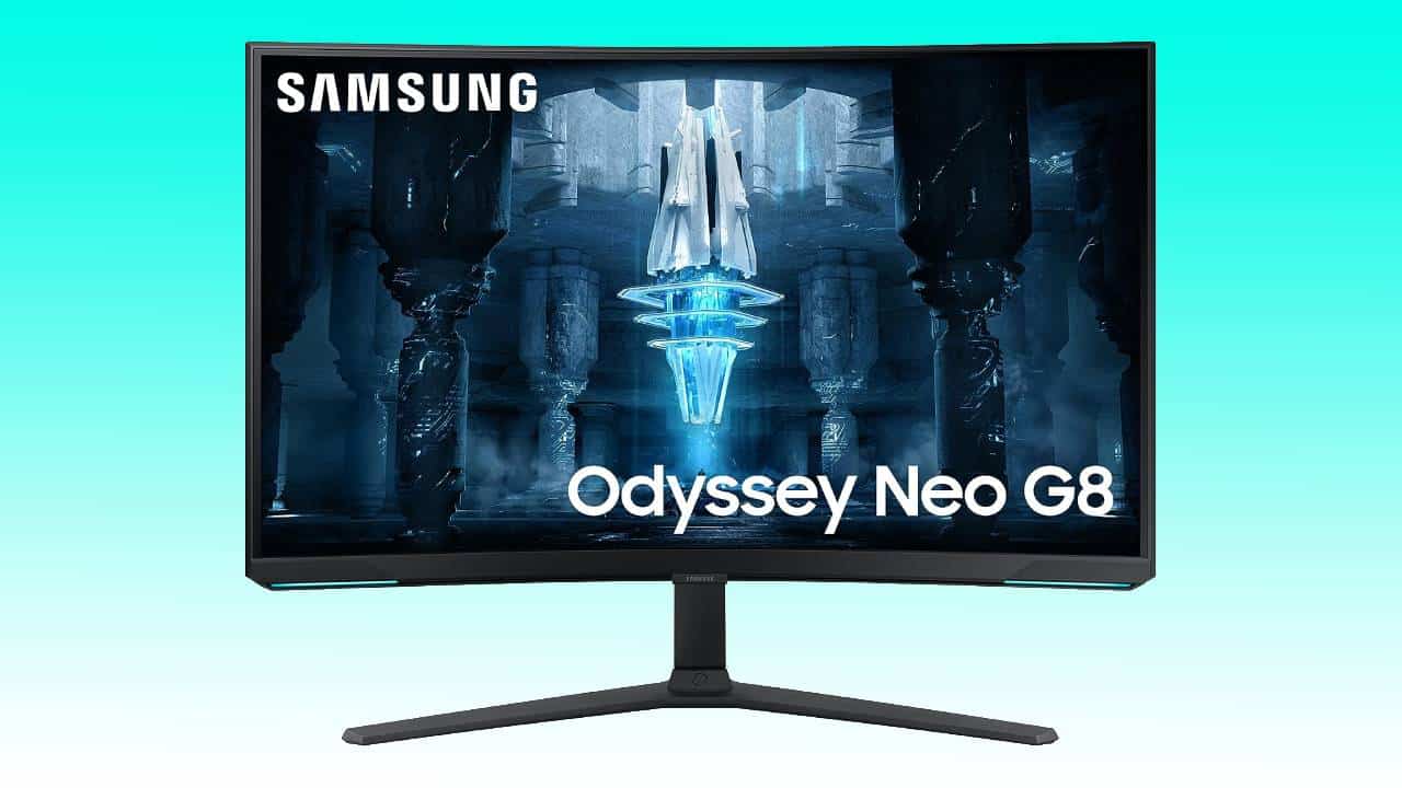 Samsung Odyssey Neo G8 monitor displaying an Auto Draft of a futuristic, sci-fi inspired game scene with vibrant blue lighting.