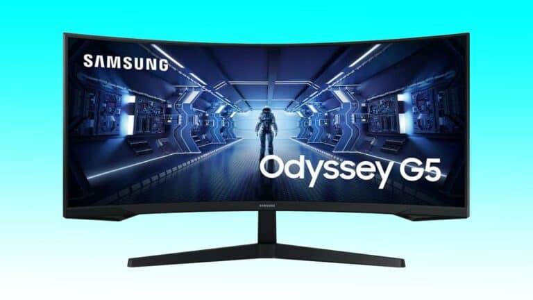 Samsung odyssey g5 curved gaming monitor displaying an auto draft of a futuristic hallway scene with a figure walking towards the viewer.
