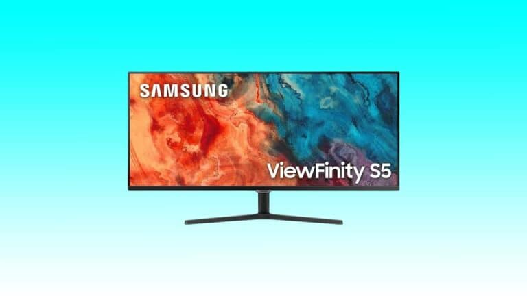 Samsung ViewFinity S50GC Series monitor displaying vibrant abstract artwork on a turquoise background.
