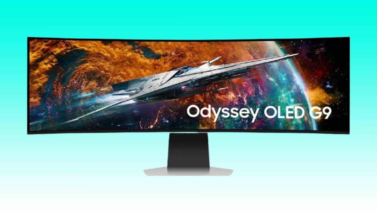 Curved ultrawide gaming monitor displaying a spaceship graphic with the text "Samsung G9 OLED" on the screen.