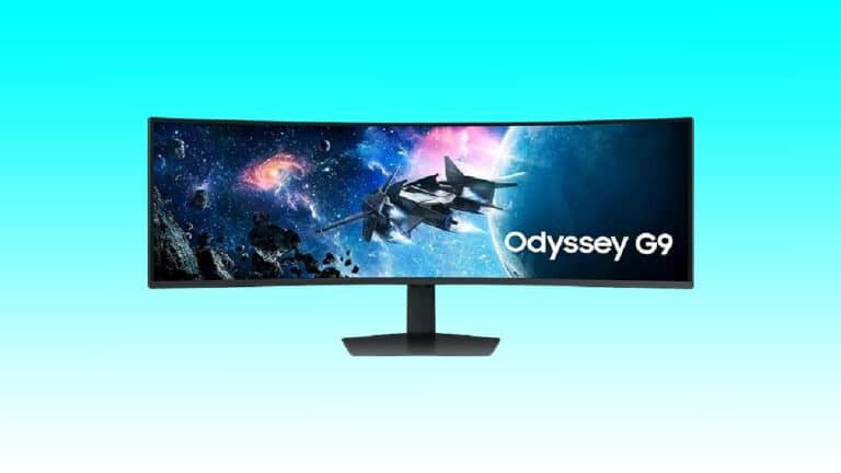 Curved gaming monitor displaying a vibrant space scene with a spaceship and asteroids, model SAMSUNG Odyssey G9, against a blue background.