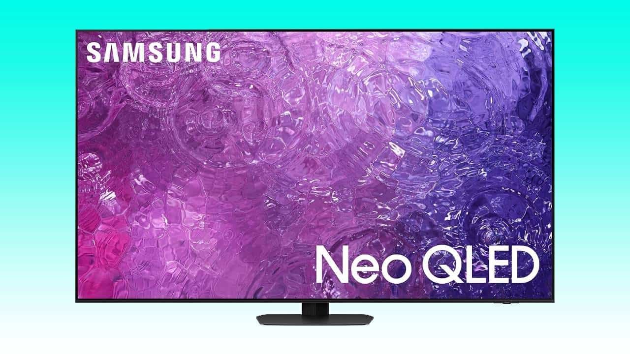 A samsung neo qled tv auto draft displaying a vibrant abstract image with swirling patterns in shades of purple and pink.