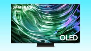 A Samsung OLED 4K S90D Series TV displaying a vibrant, abstract swirl of green and purple colors on its screen.
