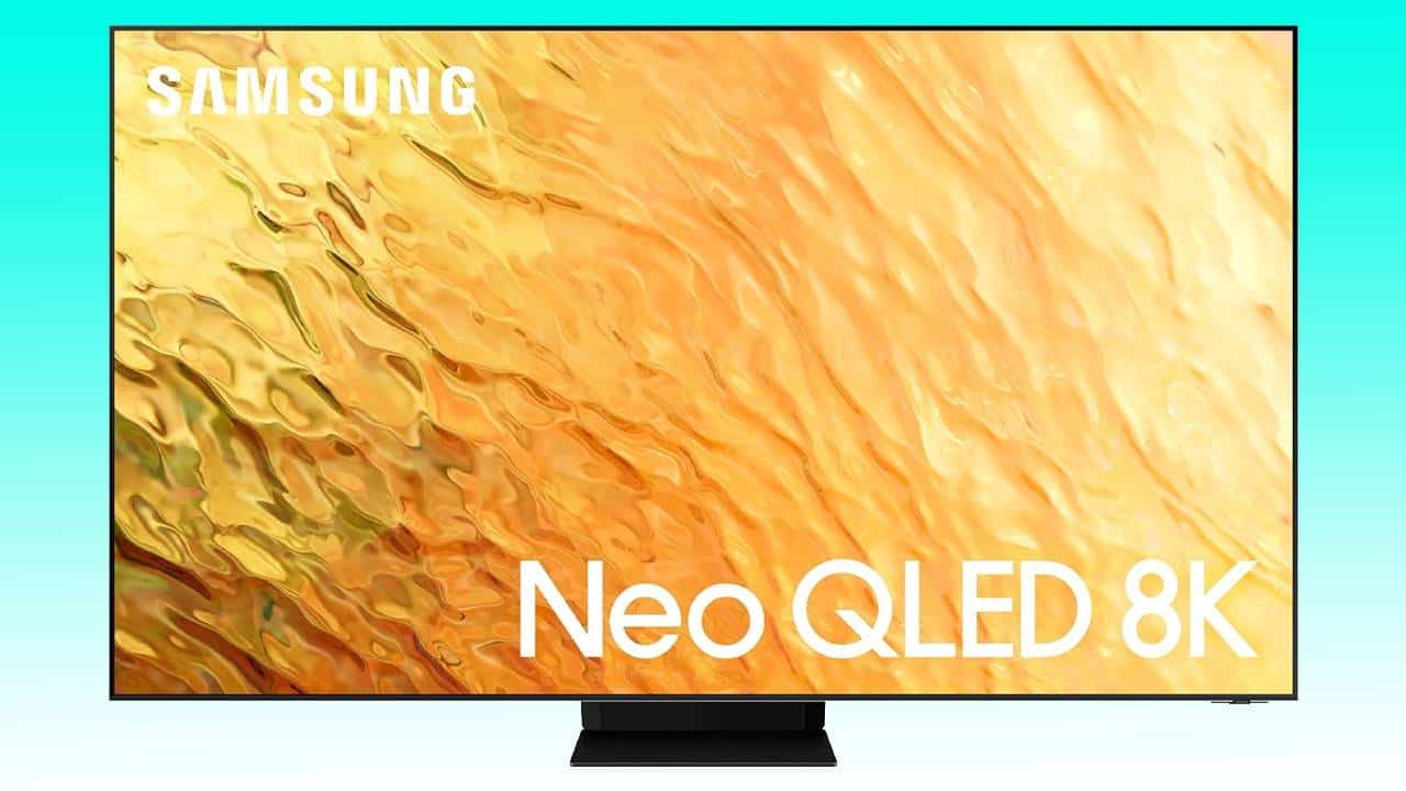 Samsung Mini-LED 8K TV displaying vibrant abstract imagery.