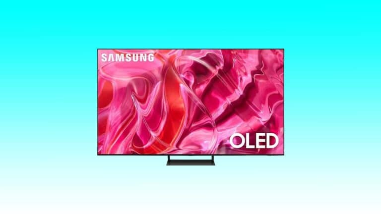 A SAMSUNG 65" OLED S90C Series TV displaying a vibrant, abstract pink and red swirl pattern on a light blue background.