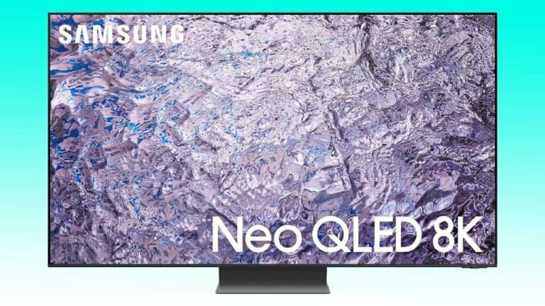 Samsung neo qled 8k television auto draft displaying a high-definition image of swirling blue and purple textures.