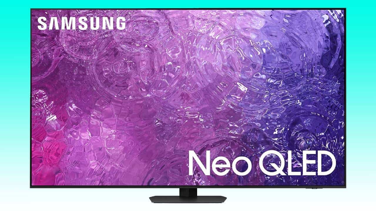 A Samsung Neo QLED Mini-LED TV displaying a vibrant purple and blue abstract image on its screen.