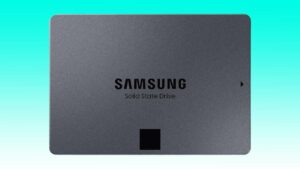 A samsung solid state drive shown from above against a teal background in Auto Draft mode.