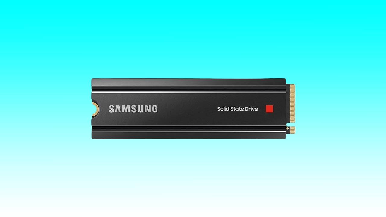 A Samsung 980 Pro solid state drive (SSD) with a black casing and gold connector on a bright teal background.